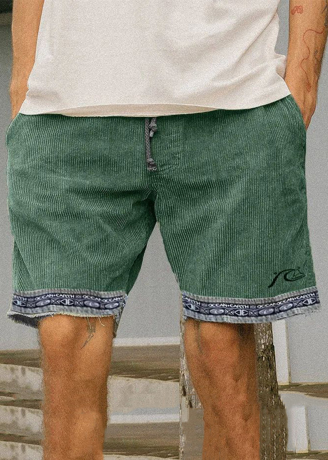 Boutique Light Green Pockets Elastic Waist Patchwork Corduroy Shorts Summer