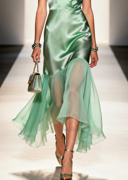 Boutique Light Green V Neck Patchwork Tulle Long Dresses Summer
