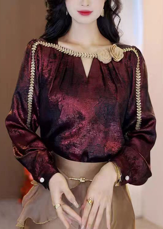 Boutique Mulberry O-Neck Floral Silk Shirt Tops Spring