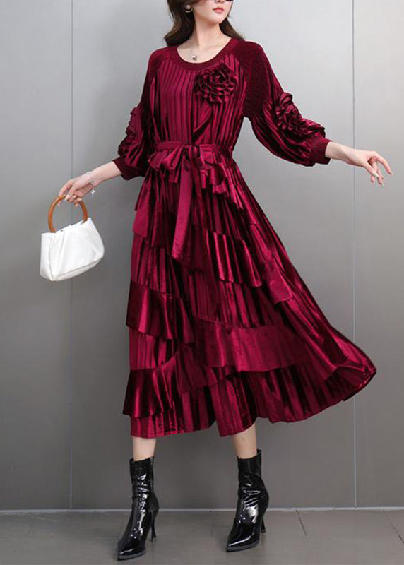 Boutique Mulberry O-neck Tie Waist Maxi Dresses Bracelet Sleeve