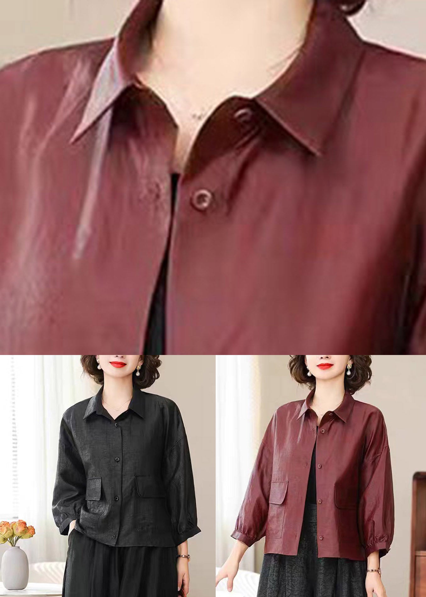 Boutique Mulberry Peter Pan Collar Silk Coat Lantern Sleeve