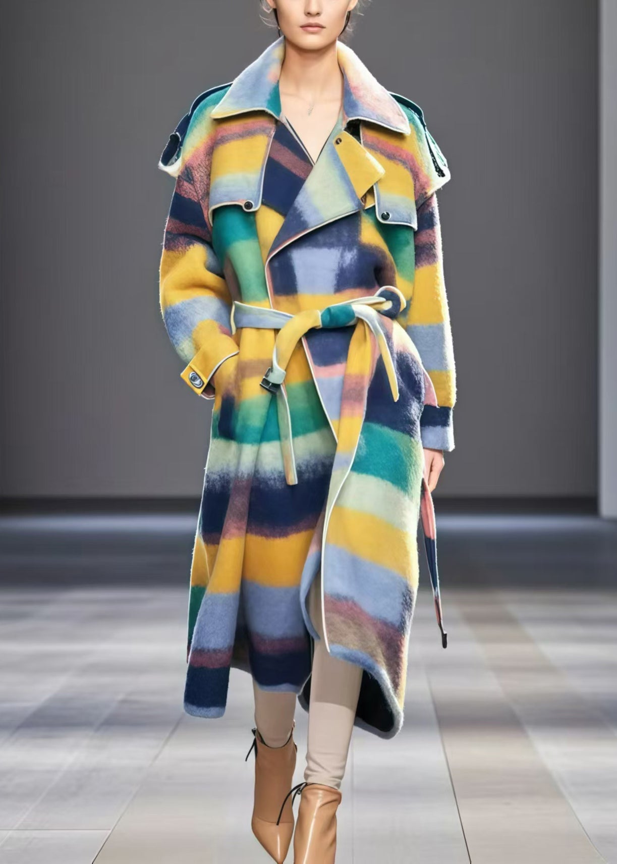 Boutique Multicolor Tie Waist Warm Woolen Trench Fall