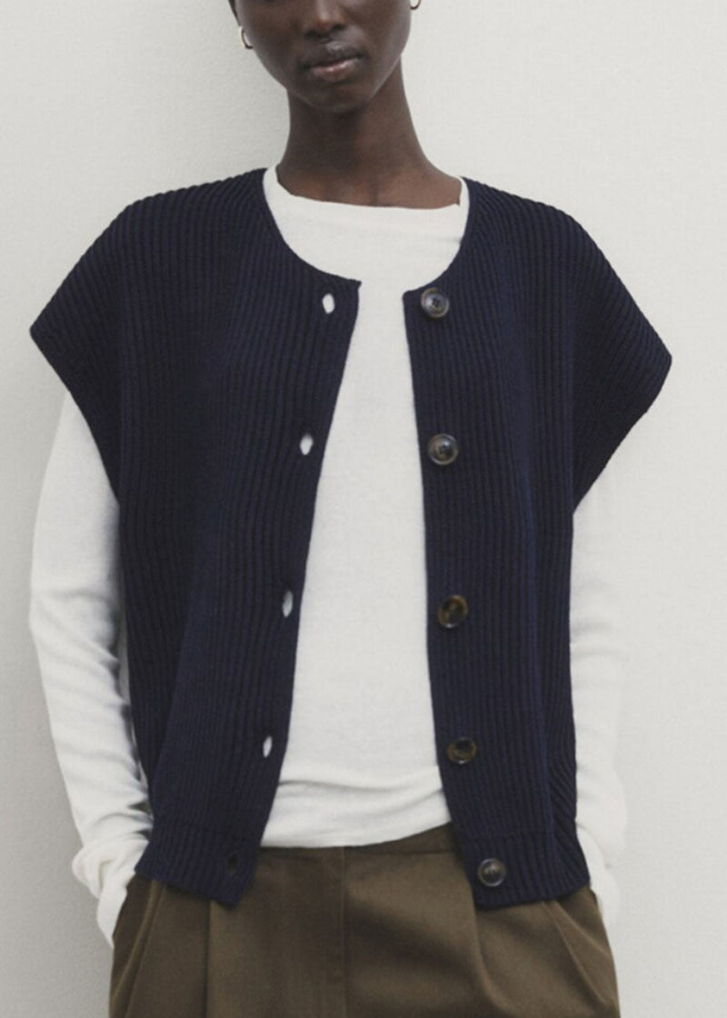 Boutique Navy O-neck Button Cotton Knit Waistcoat Short Sleeveless