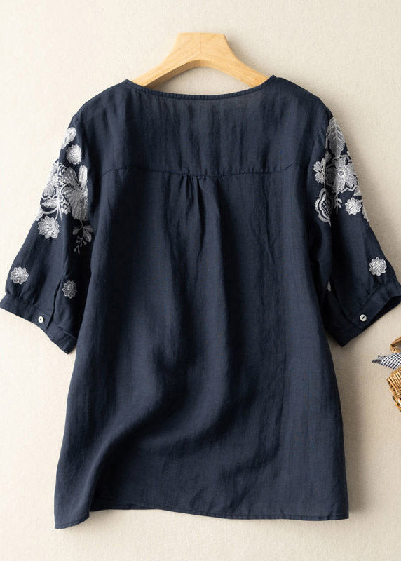 Boutique Navy O-neck Embroideried Cotton Shirt Short Sleeve
