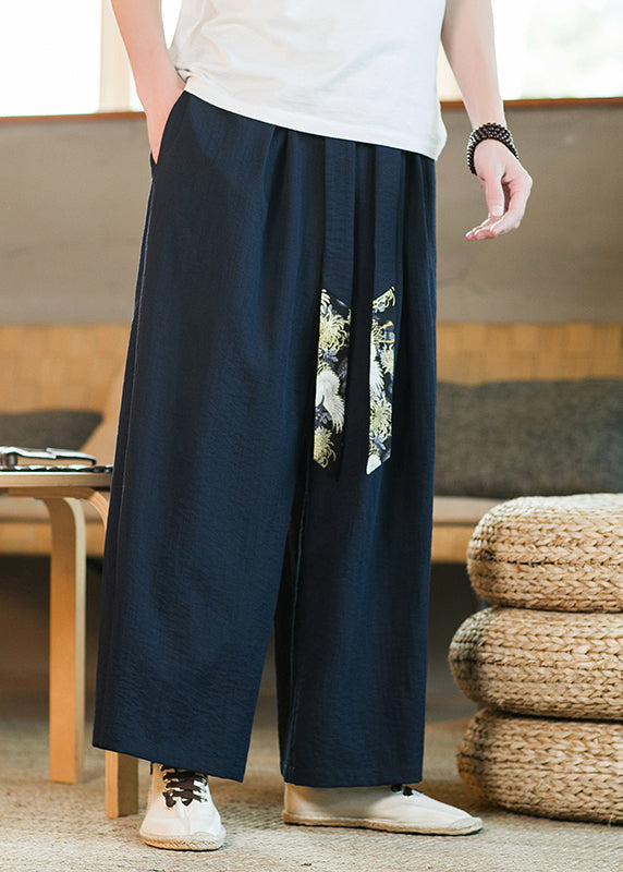 Boutique Navy Pockets Ribbon Patchwork Cotton Pants Summer