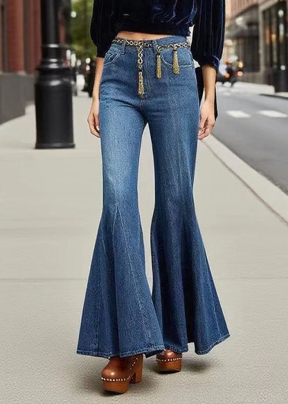Boutique Navy Tasseled Denim Bell-bottom Trousers Fall