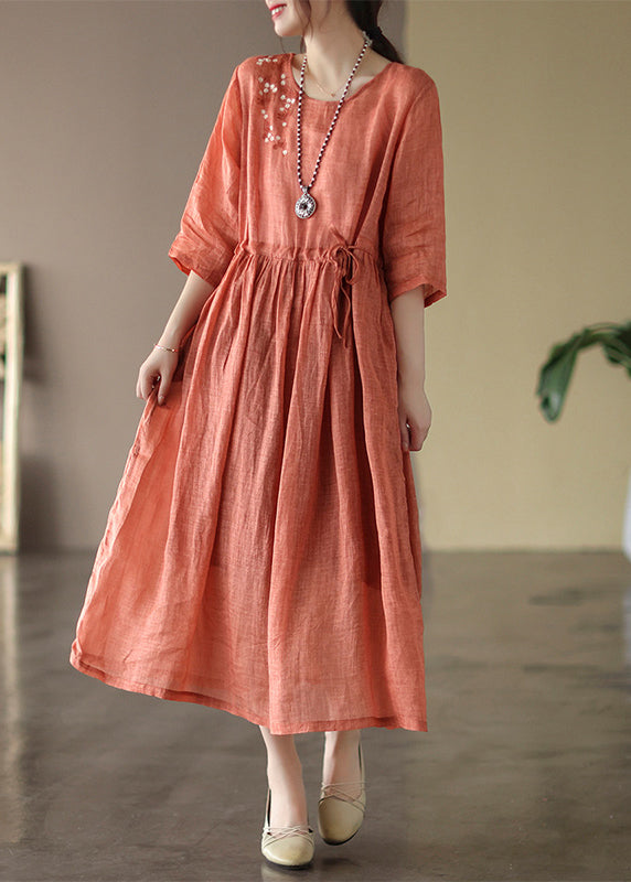 Boutique Orange O-neck Cinched Patchwork Linen Long Dress Summer