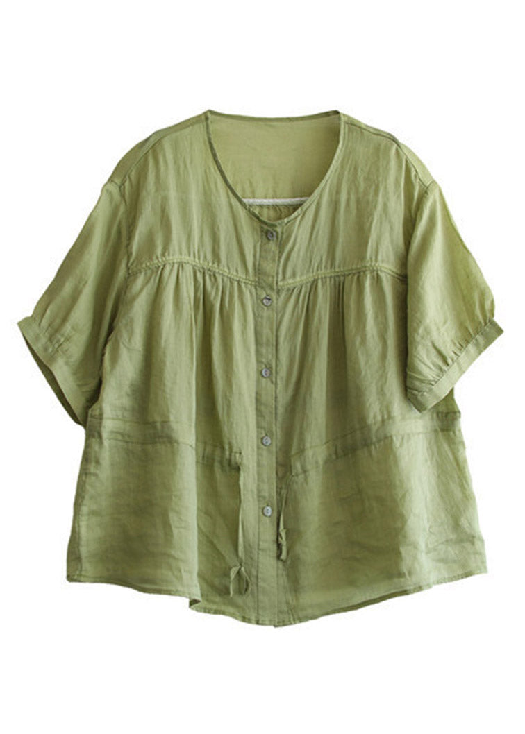 Boutique Orange O-neck Drawstring Button Linen Short Sleeve