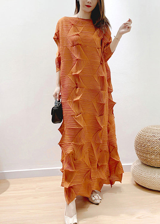 Boutique Orange O-neck Wrinkled Dress Puff Sleeve