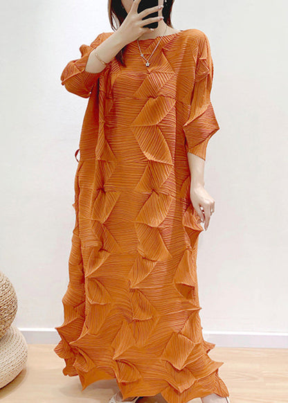 Boutique Orange O-neck Wrinkled Dress Puff Sleeve