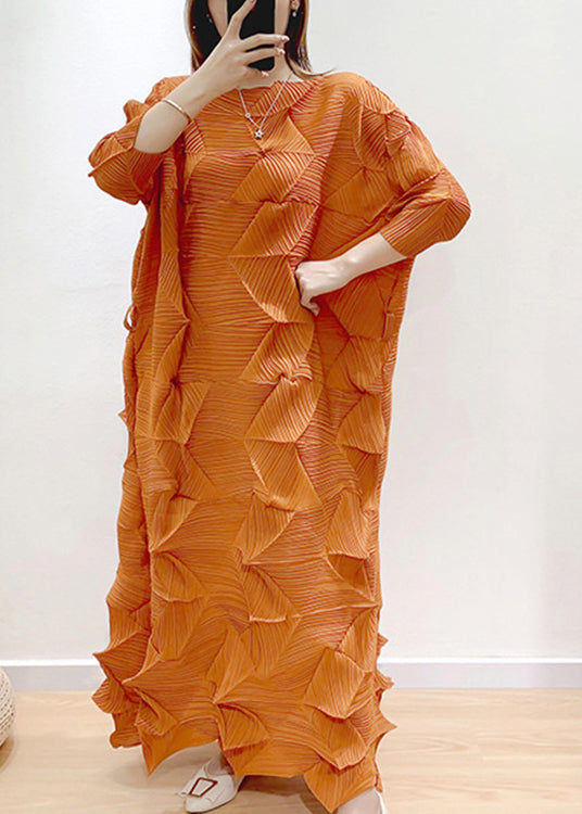 Boutique Orange O-neck Wrinkled Dress Puff Sleeve