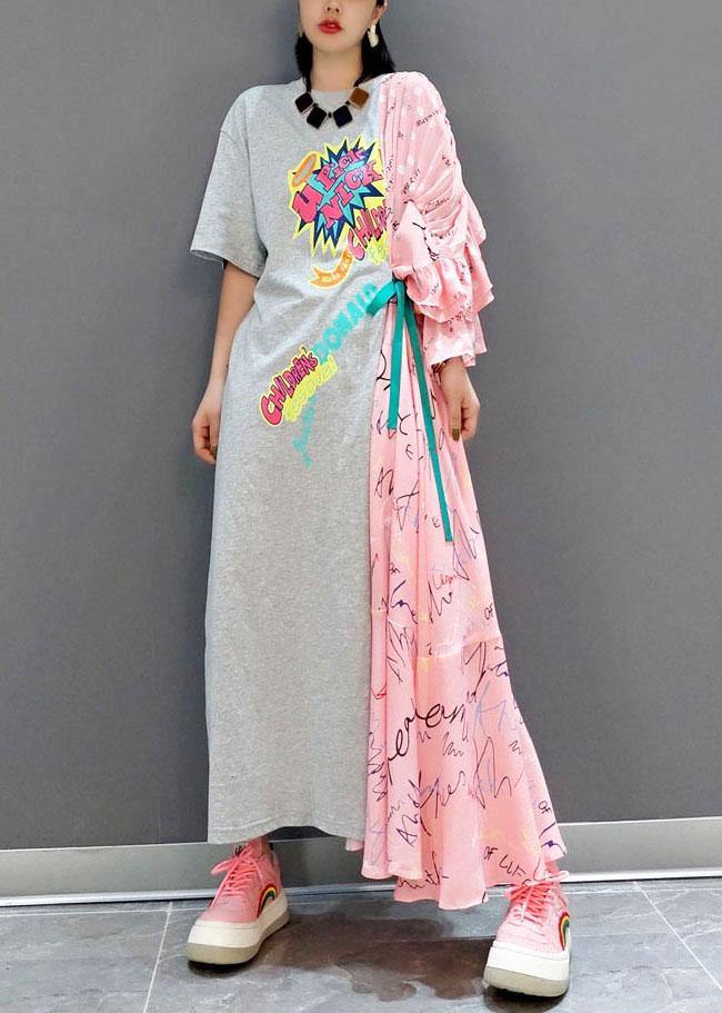 Boutique Patchwork O-neck Print Half Sleeve Asymmetrical Design Fall Long Dress