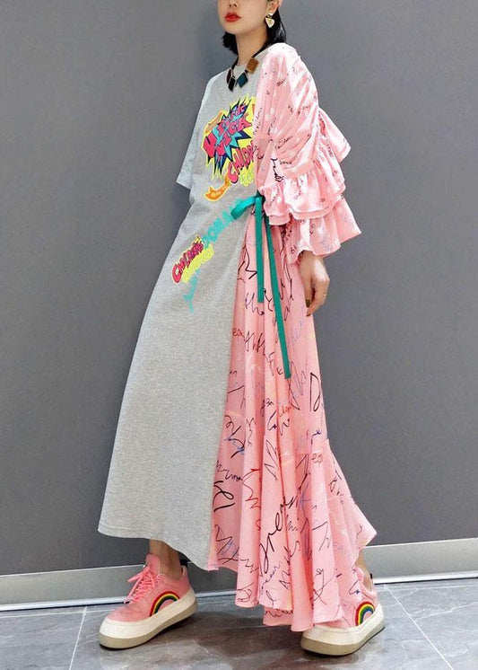 Boutique Patchwork O-neck Print Half Sleeve Asymmetrical Design Fall Long Dress