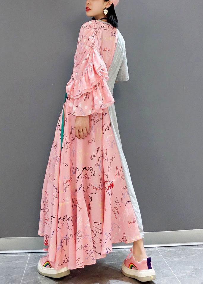 Boutique Patchwork O-neck Print Half Sleeve Asymmetrical Design Fall Long Dress