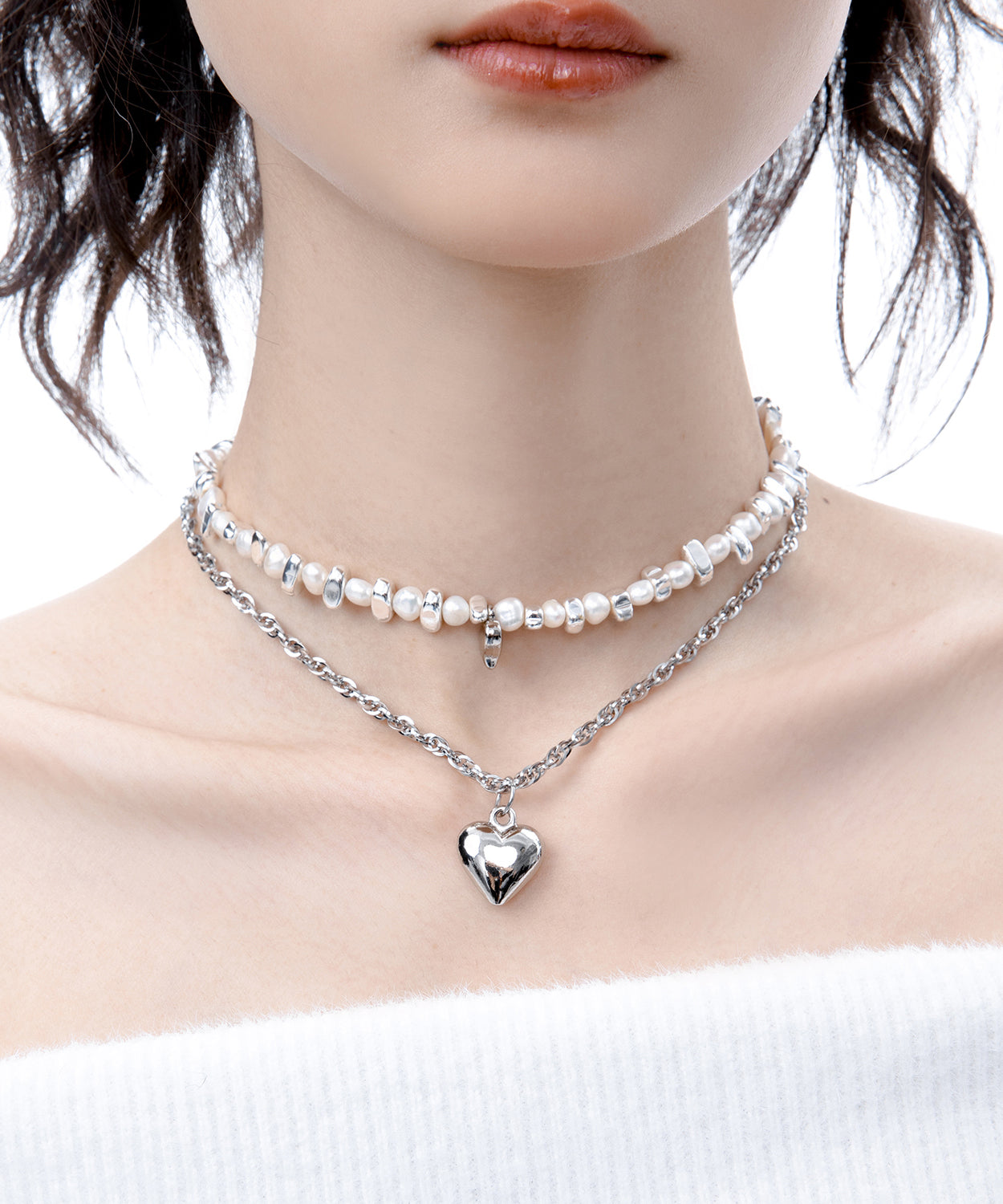 Boutique Pearl Love Heart Pendant Two Piece Set Alloy Necklace