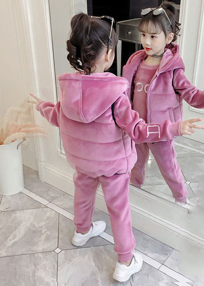 Boutique Pink Embroideried Tops and Pants Velour Two Pieces Set Winter
