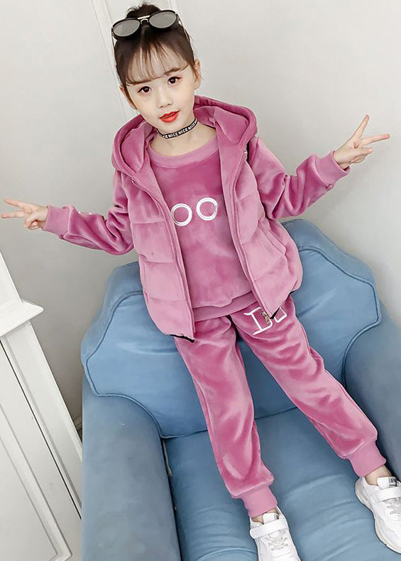 Boutique Pink Embroideried Tops and Pants Velour Two Pieces Set Winter
