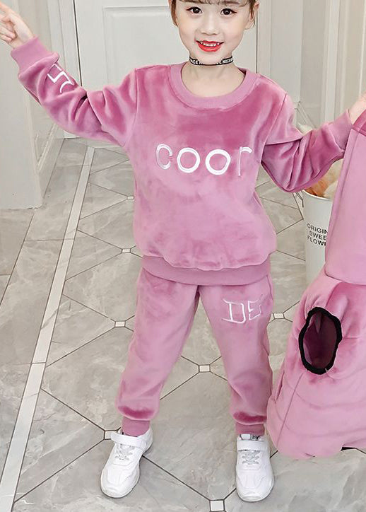 Boutique Pink Embroideried Tops and Pants Velour Two Pieces Set Winter