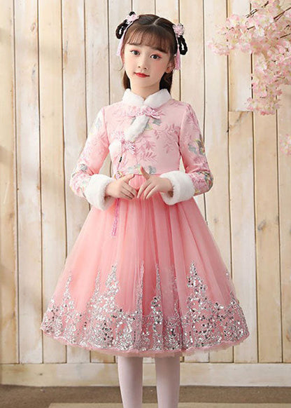 Boutique Pink Fur Collar Tulle Patchwork Warm Fleece Maxi Dresses Winter