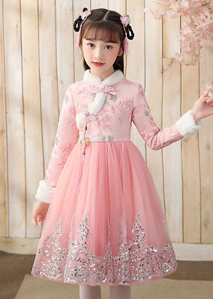 Boutique Pink Fur Collar Tulle Patchwork Warm Fleece Maxi Dresses Winter