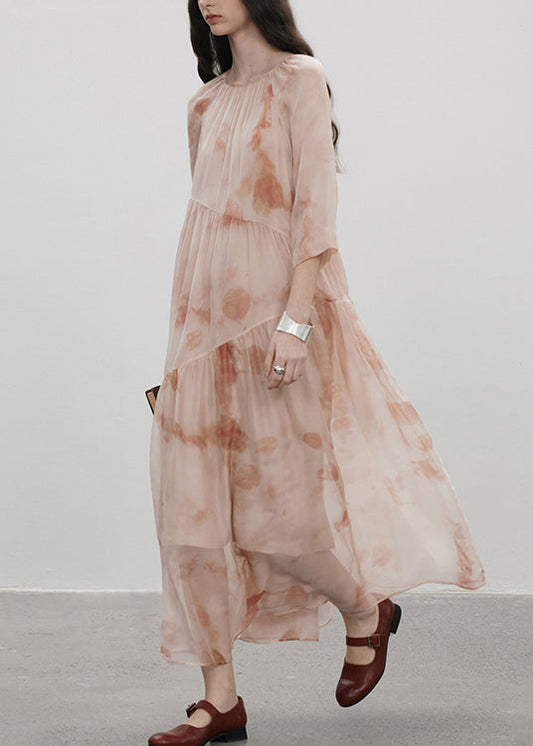 Boutique Pink O-neck Print Patchwork Silk Dresses Summer