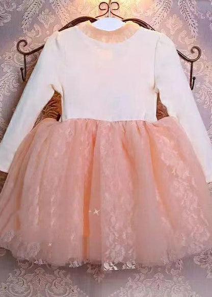 Boutique Pink O-neck Ruffled Patchwork Tulle Kids Maxi Dresses Fall