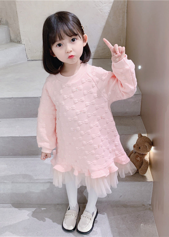 Boutique Pink O Neck Ruffled Tulle Patchwork Cotton Baby Dress Fall