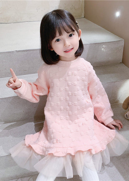 Boutique Pink O Neck Ruffled Tulle Patchwork Cotton Baby Dress Fall