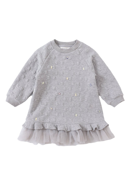 Boutique Pink O Neck Ruffled Tulle Patchwork Cotton Baby Dress Fall
