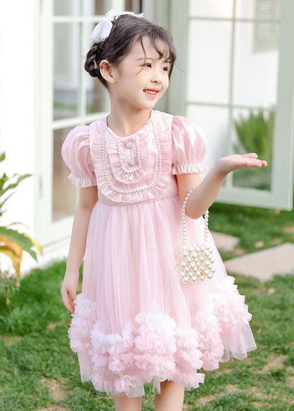 Boutique Pink Puff Sleeve Nail Bead Tulle Baby Mid Dress Summer
