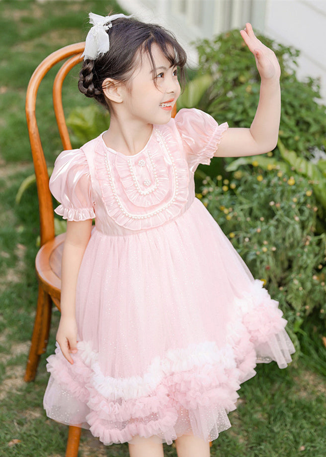 Boutique Pink Puff Sleeve Nail Bead Tulle Baby Mid Dress Summer