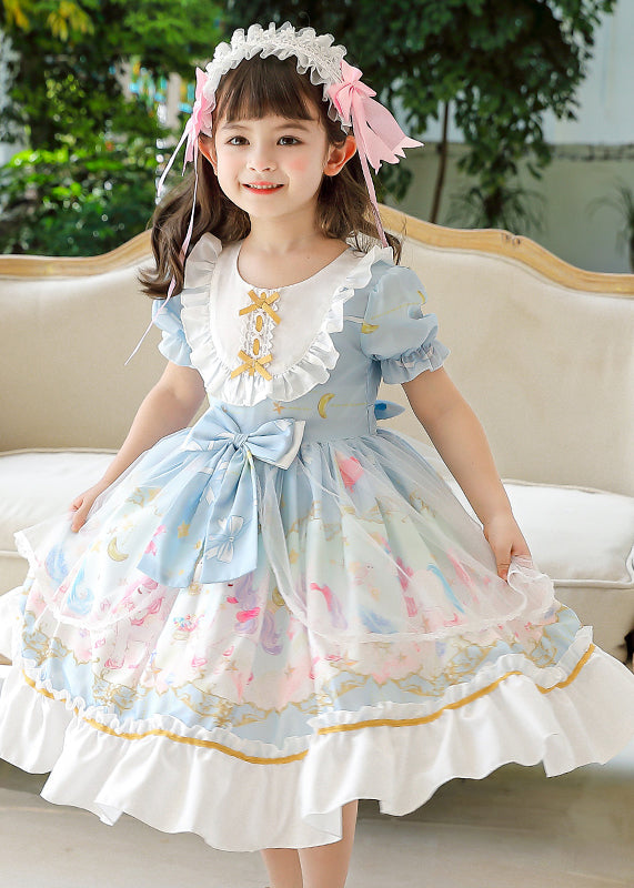 Boutique Pink Puff Sleeve Print Bow Chiffon Kids Maxi Dresses Summer