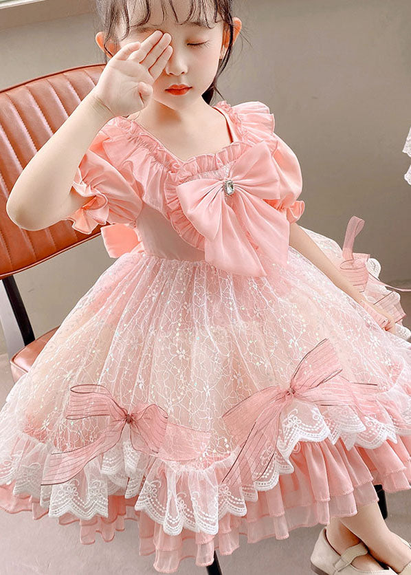Boutique Pink Ruffled Bow Patchwork Tulle Kids Dress Summer
