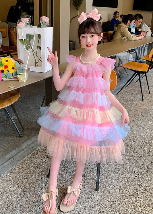 Boutique Pink Square Collar Layered Ruffled Tulle Kids Beach Dresses Summer