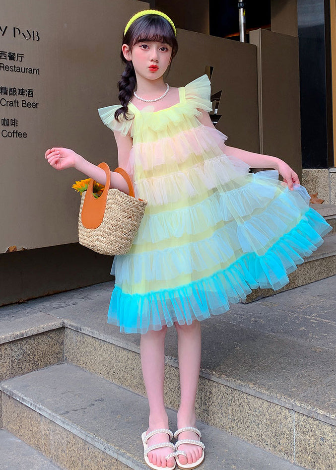 Boutique Pink Square Collar Layered Ruffled Tulle Kids Beach Dresses Summer