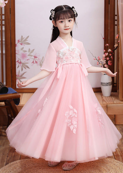 Boutique Pink V Neck Layered Patchwork Tulle Maxi Dress Short Sleeve
