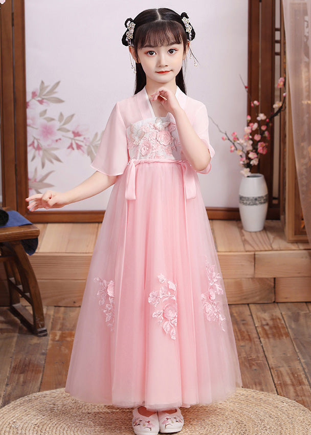 Boutique Pink V Neck Layered Patchwork Tulle Maxi Dress Short Sleeve