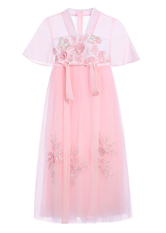 Boutique Pink V Neck Layered Patchwork Tulle Maxi Dress Short Sleeve
