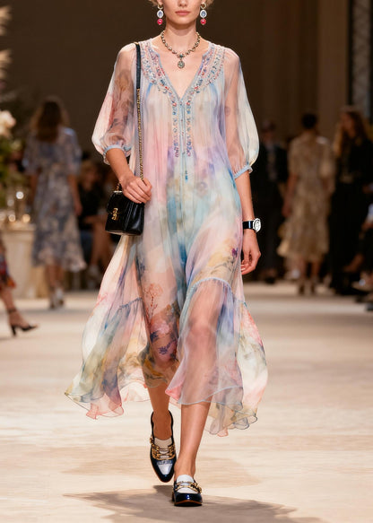 Boutique Pink V Neck Print Chiffon Holiday Dress Summer