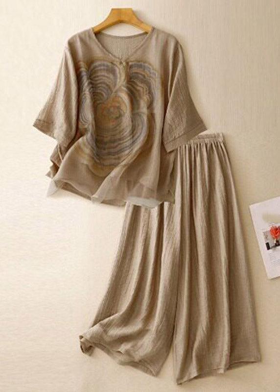 Boutique Pink V Neck Print Top and Wide Leg Pants Two Pieces Set Summer
