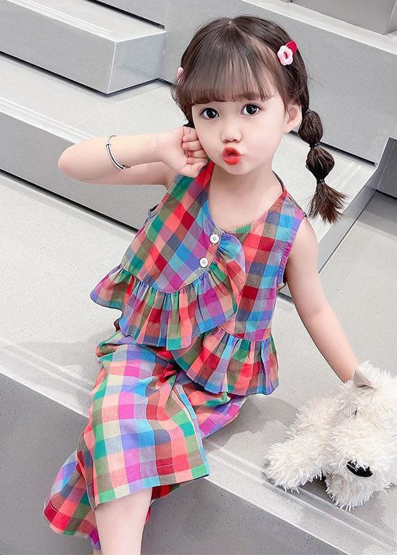 Boutique Plaid Ruffled Tops and Pants Cotton Kids Two Pieces Set Sleeveless