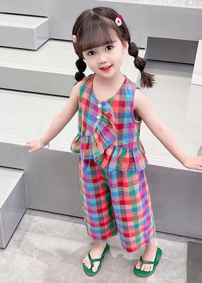 Boutique Plaid Ruffled Tops and Pants Cotton Kids Two Pieces Set Sleeveless