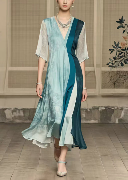 Boutique Polychrome Asymmetrical Patchwork Draping Silk Dresses Summer