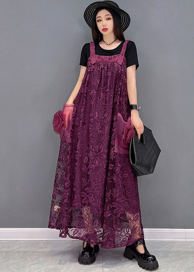 Boutique Purple Big Pockets Patchwork Lace Strap Long Dress Summer