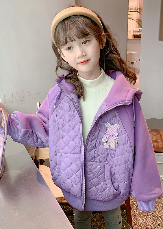 Boutique Purple Hooded Pockets Fine Cotton Filled Kids Coat Winter