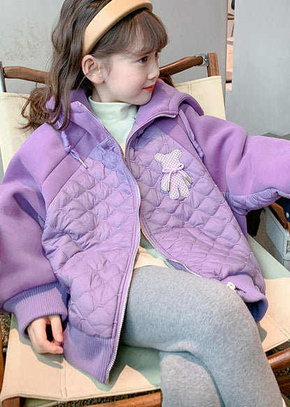 Boutique Purple Hooded Pockets Fine Cotton Filled Kids Coat Winter