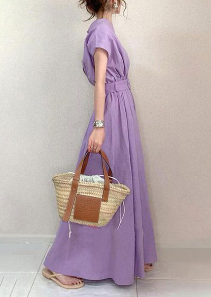 Boutique Purple O-neck Exra Large Hem Cotton Long Cinched Dress Short Sleeve