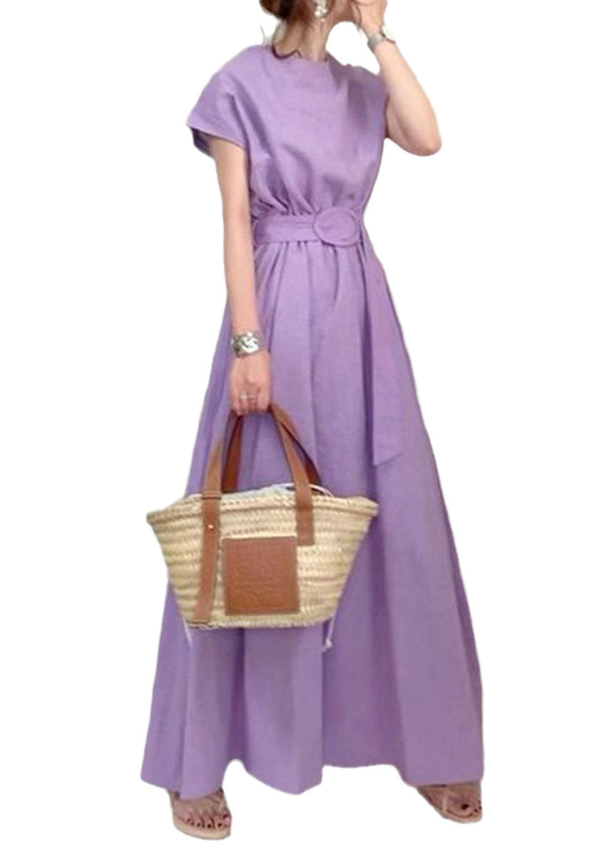 Boutique Purple O-neck Exra Large Hem Cotton Long Cinched Dress Short Sleeve