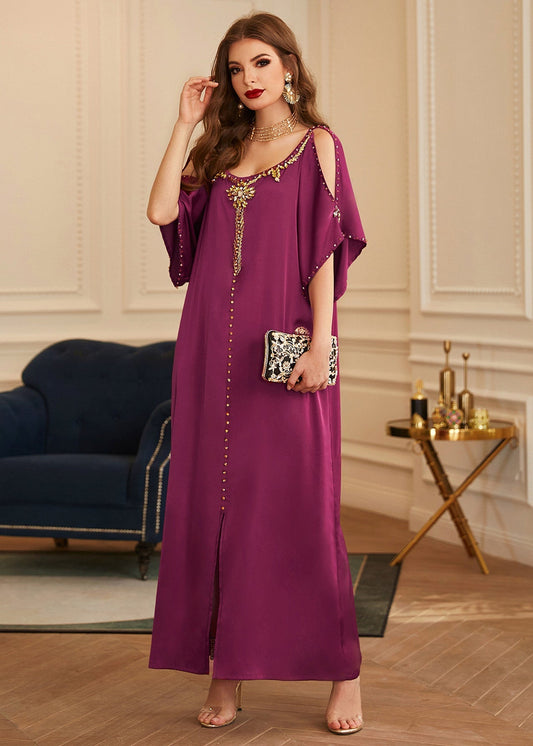 Boutique Purple O-neck Patchwork Cold Shoulder Slim Silk Holiday Long Dress Summer