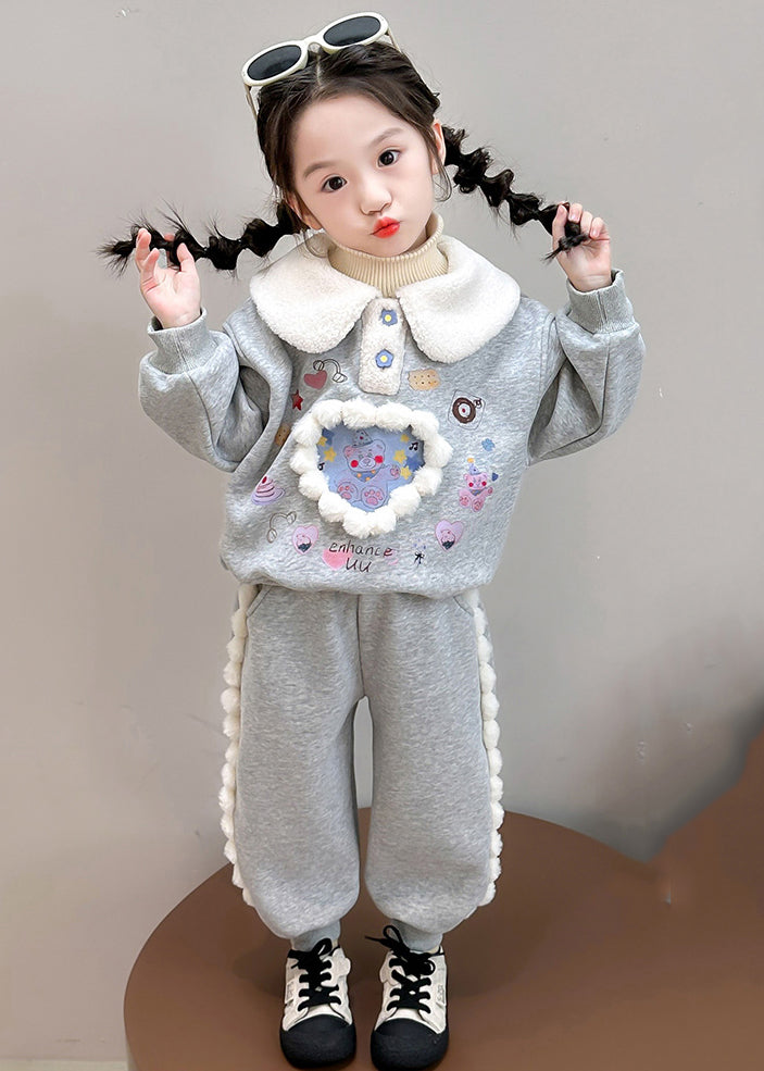 Boutique Purple Peter Pan Collar Print Kids Warm Fleece Sweatshirt and Harem Pants Two Pieces Set Winter